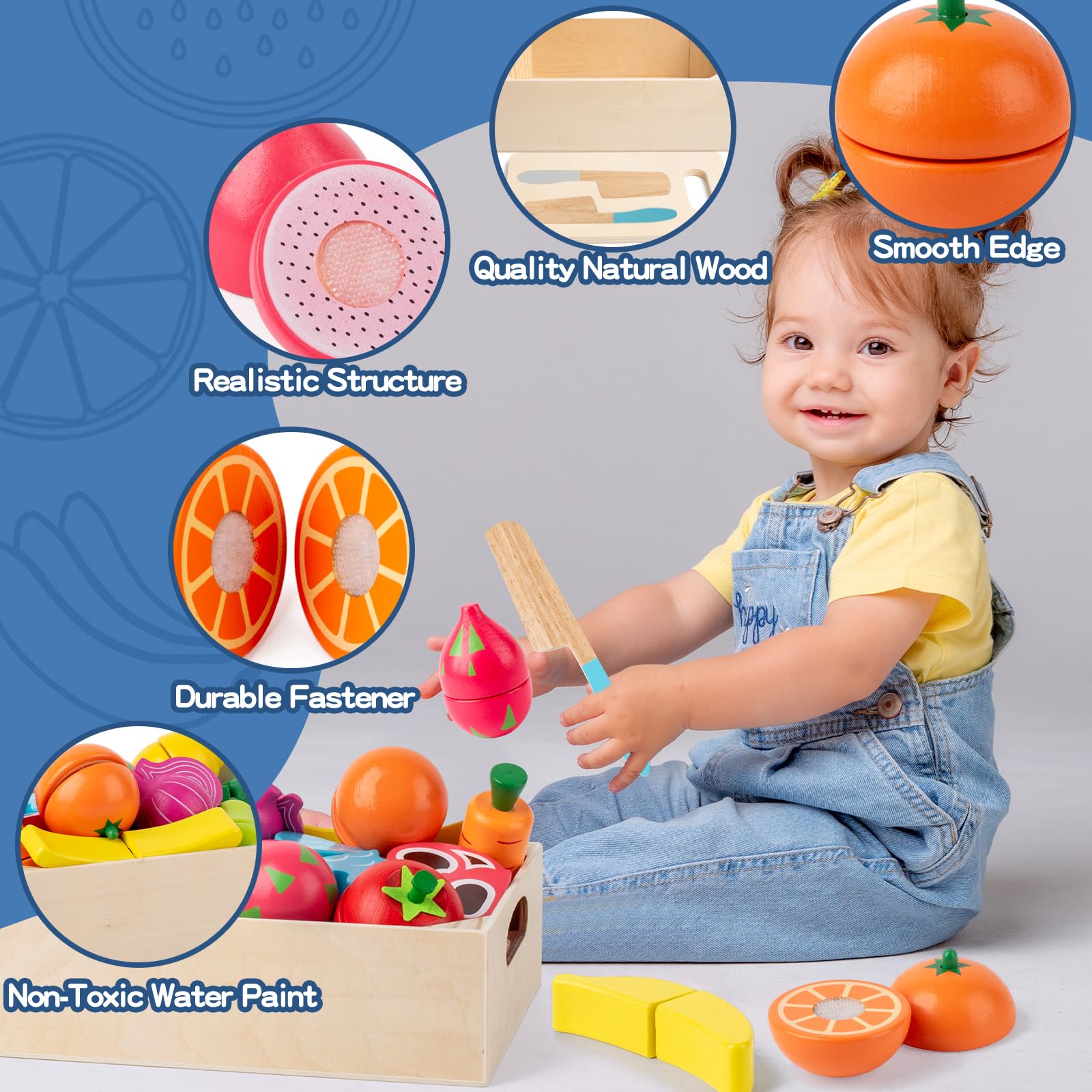 Wooden Play Food Cutting Set – 32 Pcs Fruits & Vegetables Toy