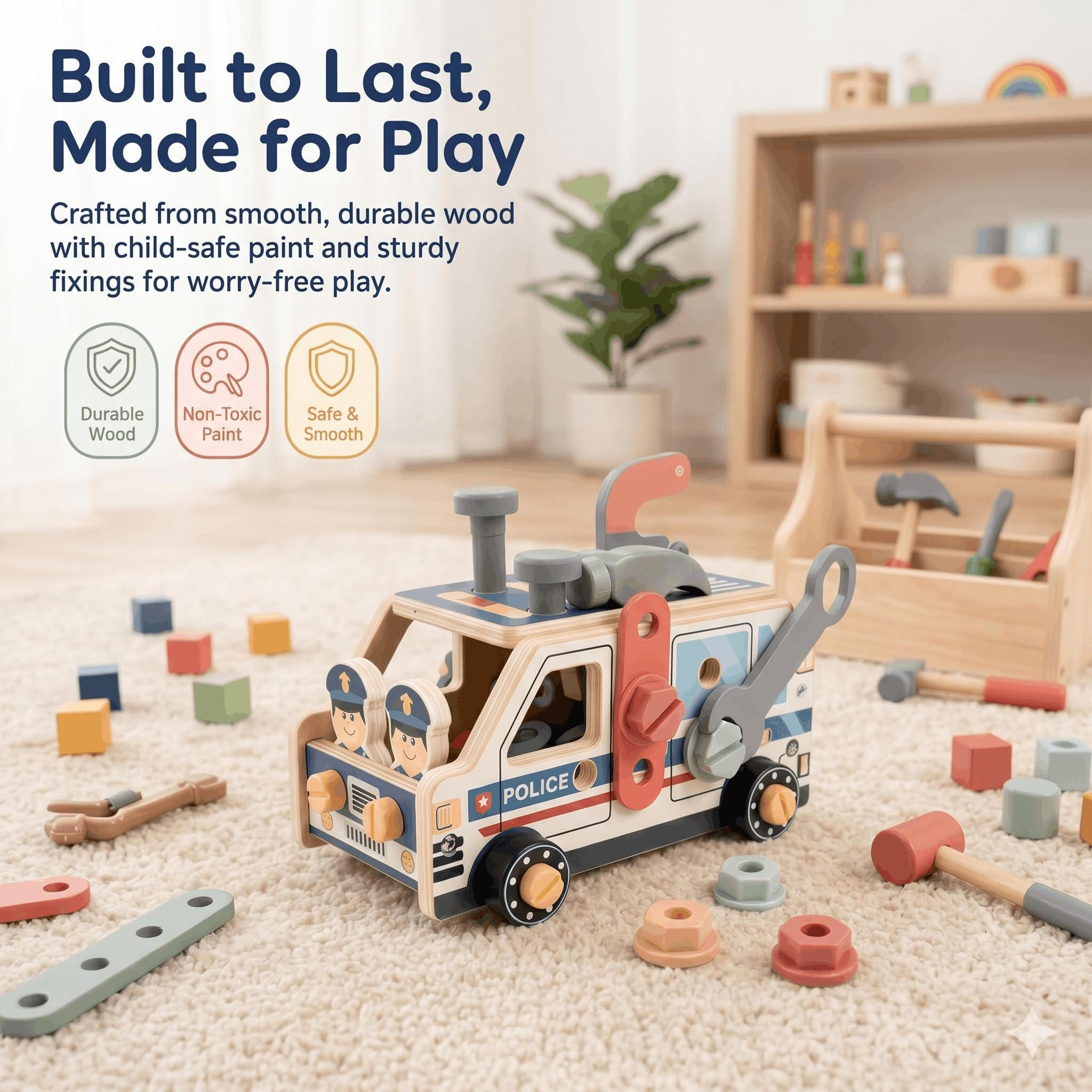 Wooden Kids Tool Set with Police Car Toolbox