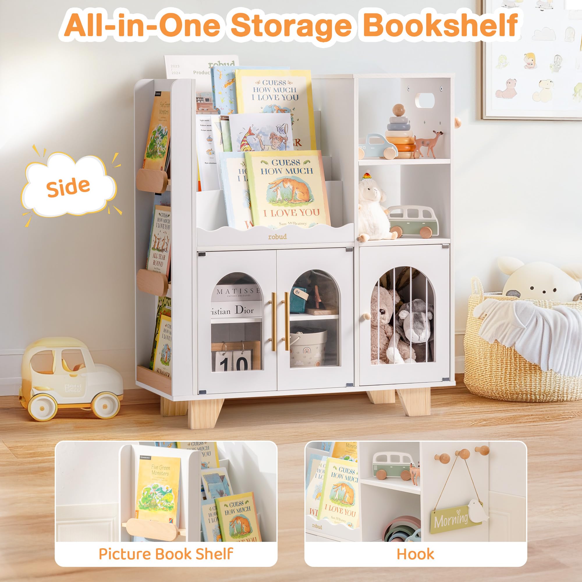 Étagère à livres et meuble de rangement pour jouets en bois pour enfants
