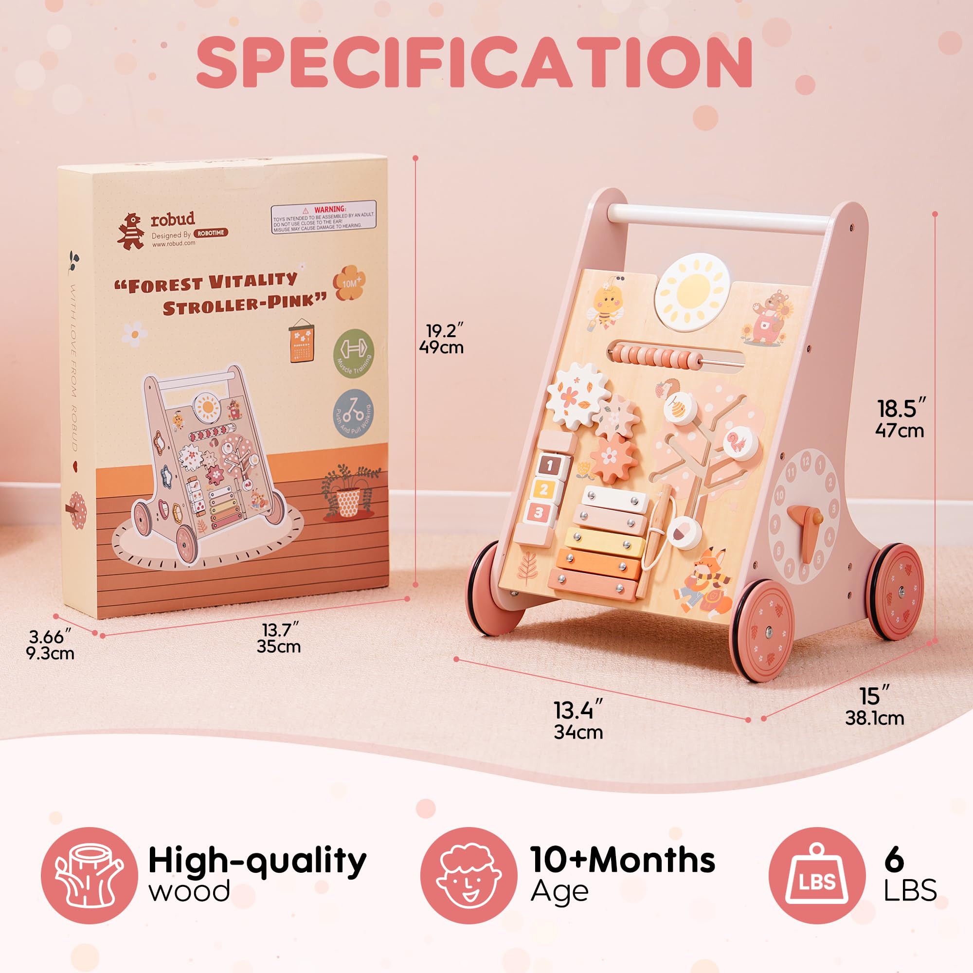 Wooden Baby Walker with Activity Center