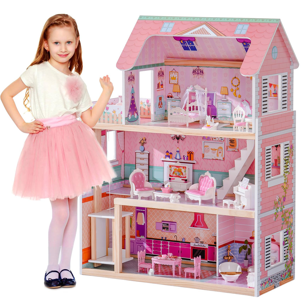 SproutHands™ Holzpuppenhaus-Spielset mit Aufzug & 24 Zubehörteilen
