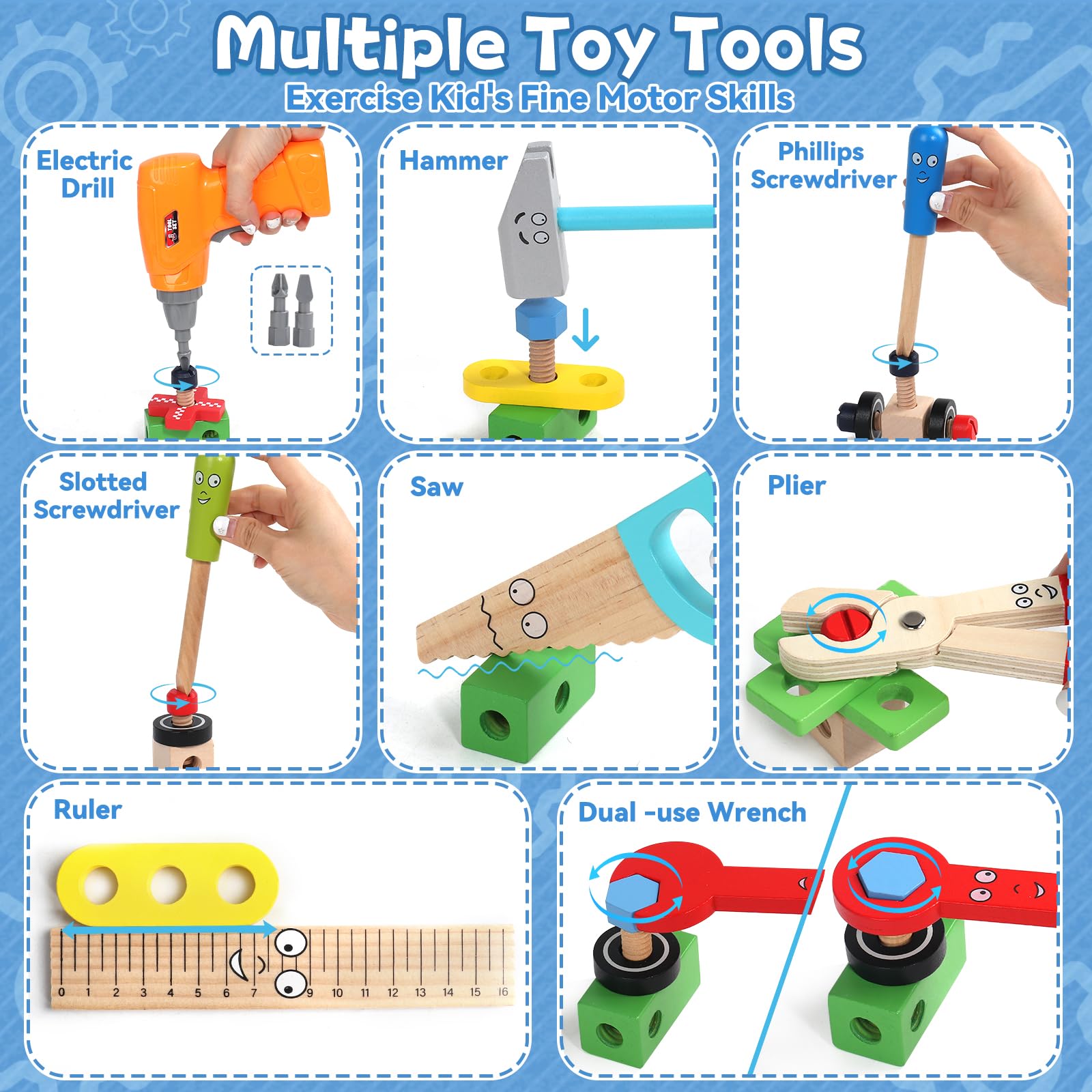 Kinder-Werkzeugset mit Bohrmaschine – 44-teiliges STEM-Holzspielzeug