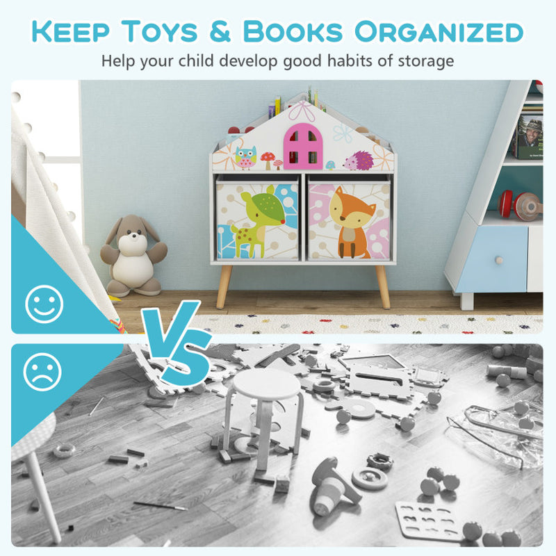 Kids House-Shaped Bookshelf with 2 Storage Bins for Kids Room Playroom