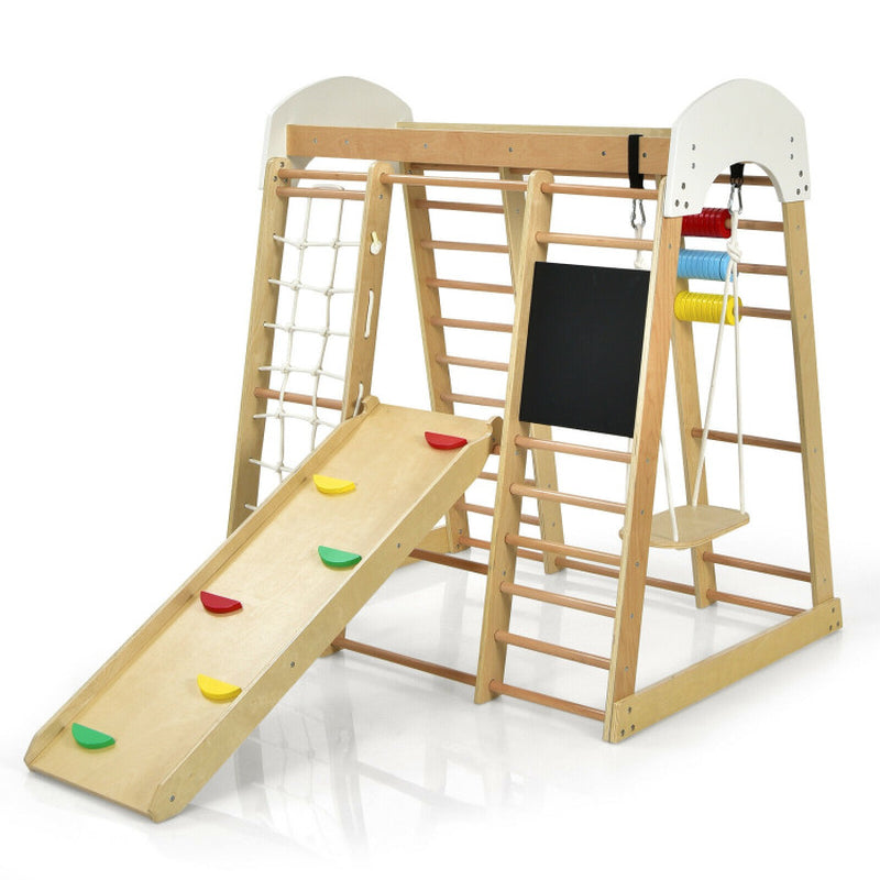 8-In-1 Wooden Climber Play Set with Slide and Swing for Kids