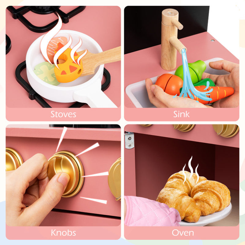 Play Kitchen for Kids Wooden Kitchen Playset with Door Curtain