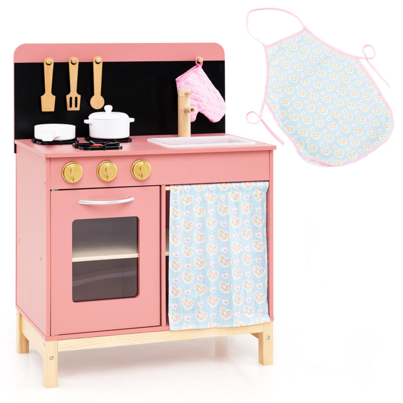 Play Kitchen for Kids Wooden Kitchen Playset with Door Curtain
