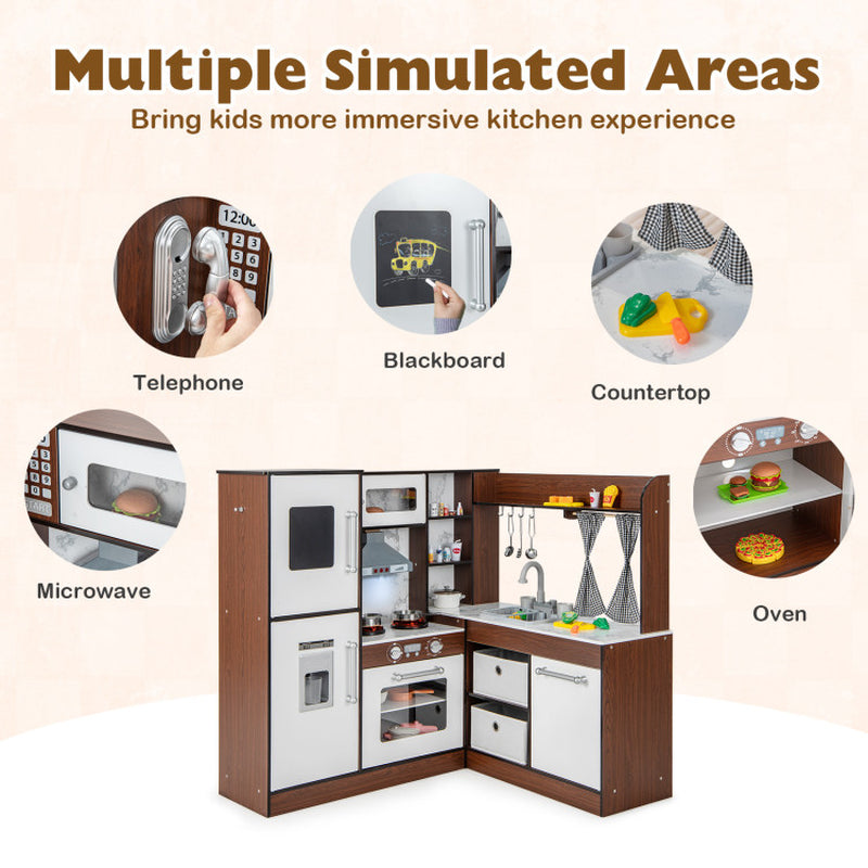 Wooden Corner Play Kitchen with Water Circulation System and Lights