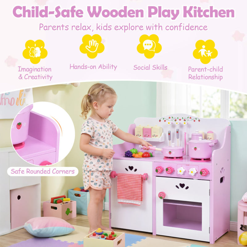 Kids Wooden Kitchen Toy Strawberry Pretend Cooking Playset