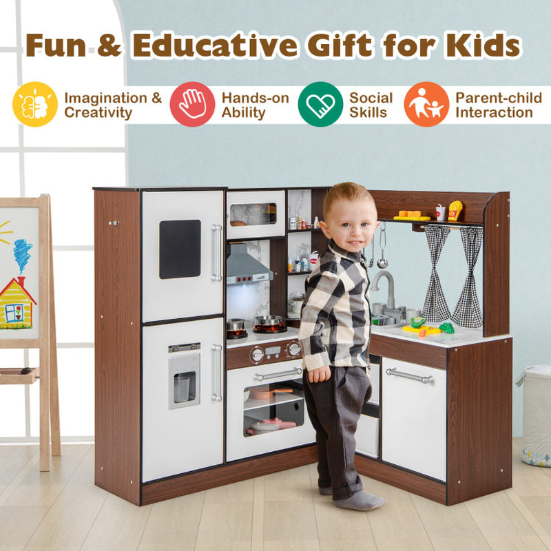 Wooden Corner Play Kitchen with Water Circulation System and Lights