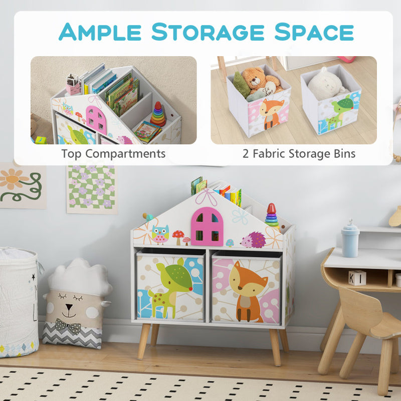 Kids House-Shaped Bookshelf with 2 Storage Bins for Kids Room Playroom