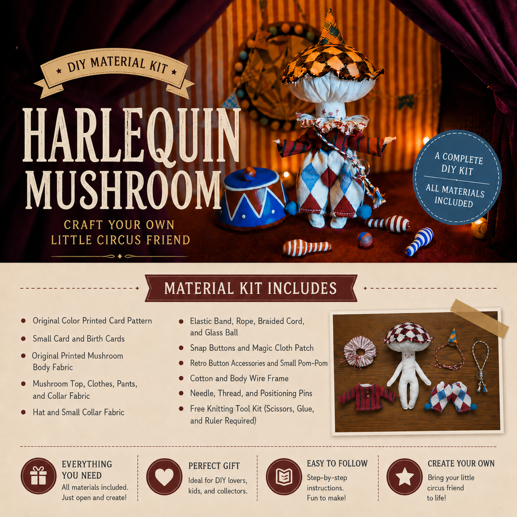 Harlekin-Pilz – DIY Stoffpuppen-Nähset