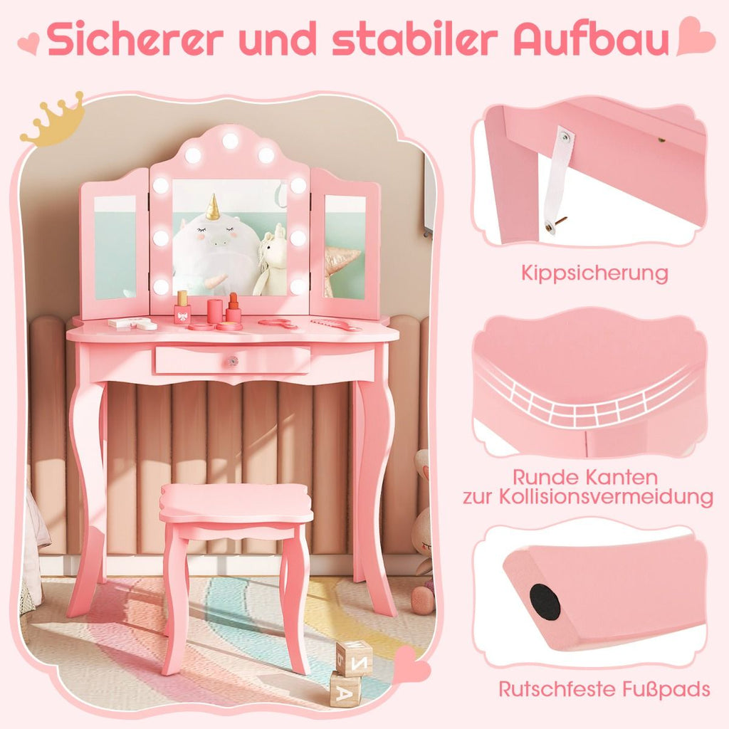 2 in 1 Kinder Schminktisch Mit Led-Leuchten & Klappbarem Spiegel & Schubladen Rosa