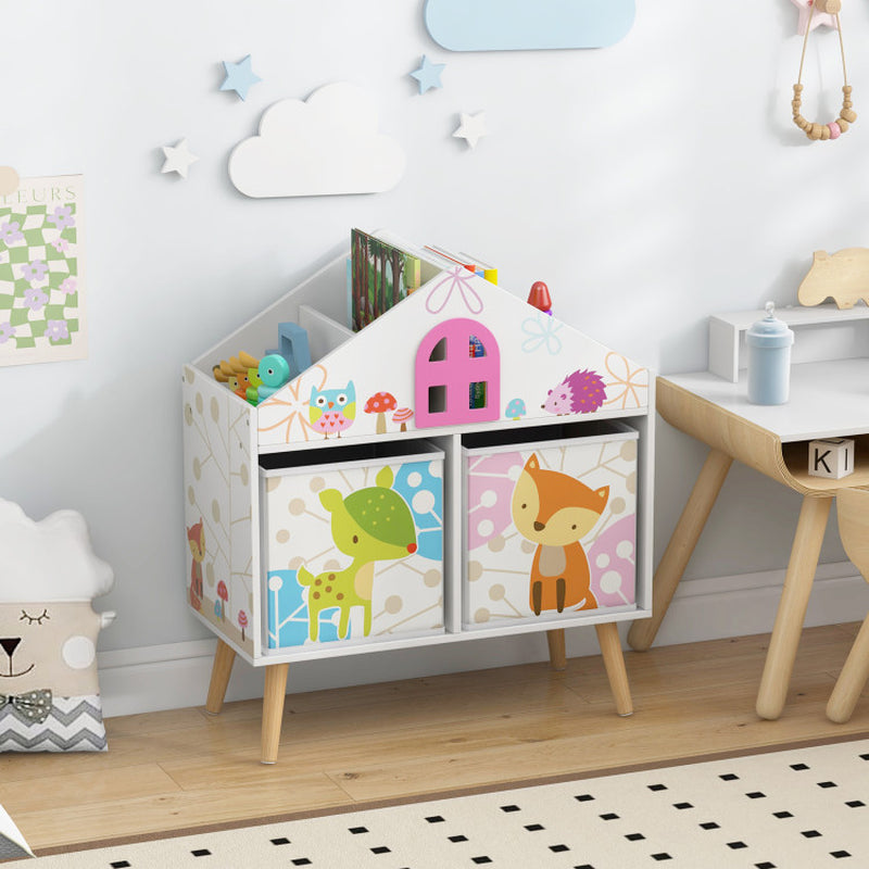 Kids House-Shaped Bookshelf with 2 Storage Bins for Kids Room Playroom