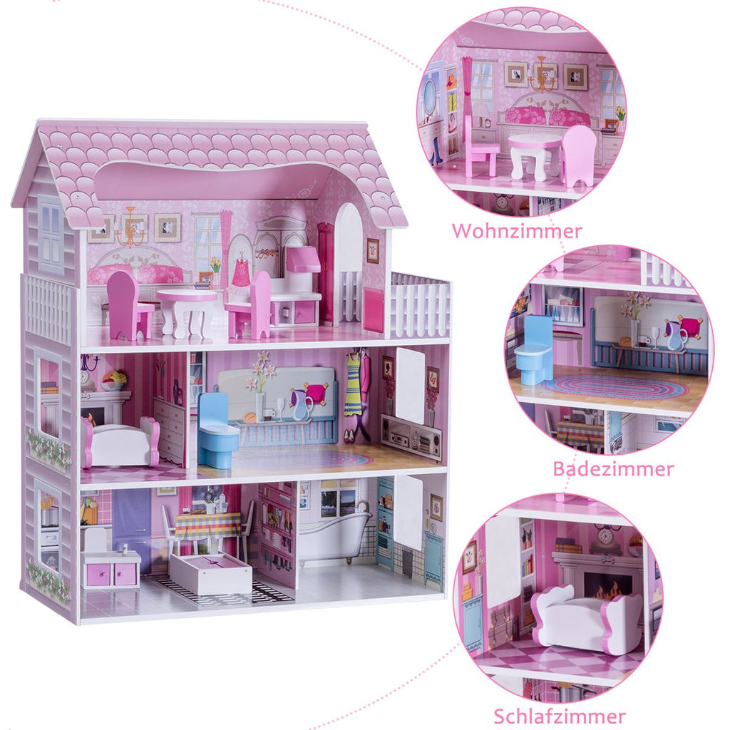 3 Etagen Puppenhaus Aus Holz Puppenstube Mit Möbeln & Zubehör Puppenvilla Mädchen Rosa