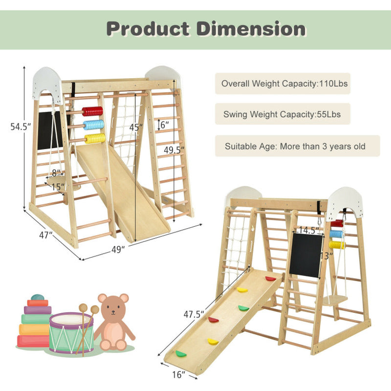 8-In-1 Wooden Climber Play Set with Slide and Swing for Kids