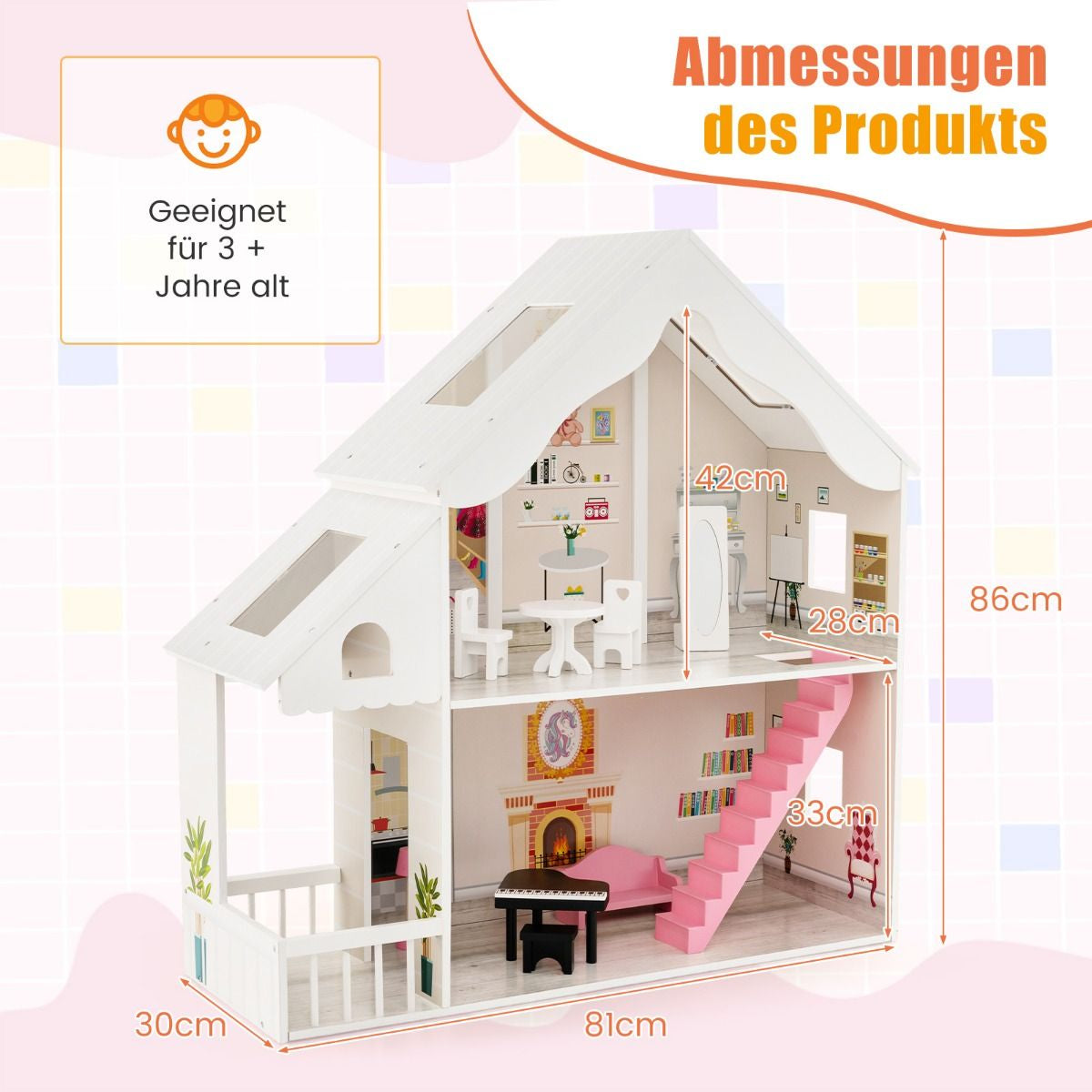 Puppenhaus Holz 2 Stöckige Puppenstube Mit Zubehör & Möbeln 81 X 30 X 86 Cm Weiß