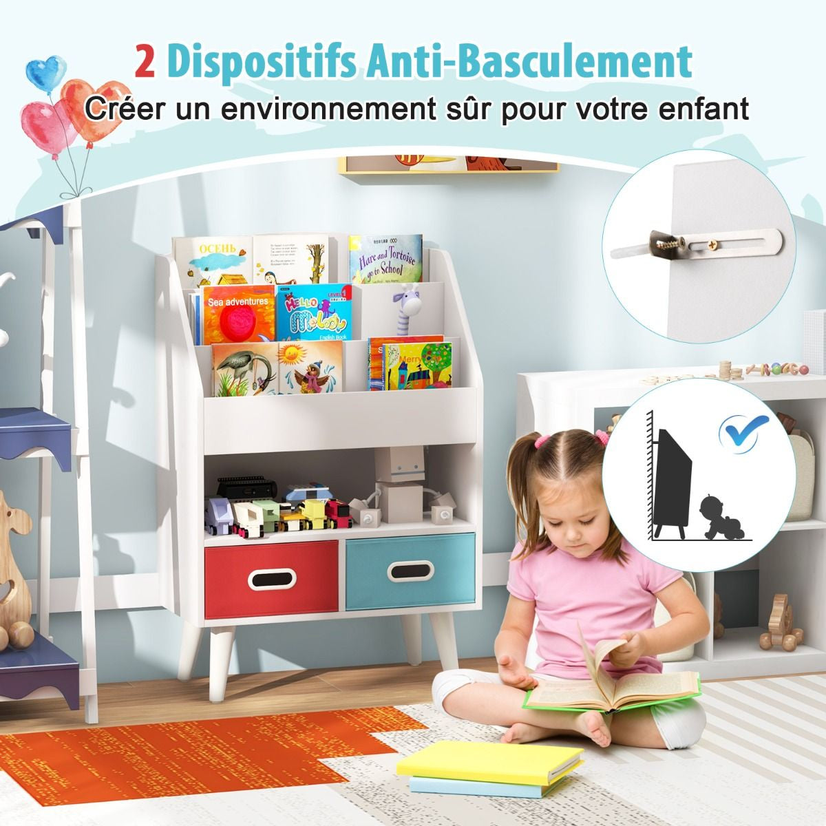 Bibliothèque Pour Enfants Etagère En Bois À 3 Niveaux Compartiment Ouvert 2 Tiroirs Pliables En Tissu Kits Anti-Basculement Gris/Blanc