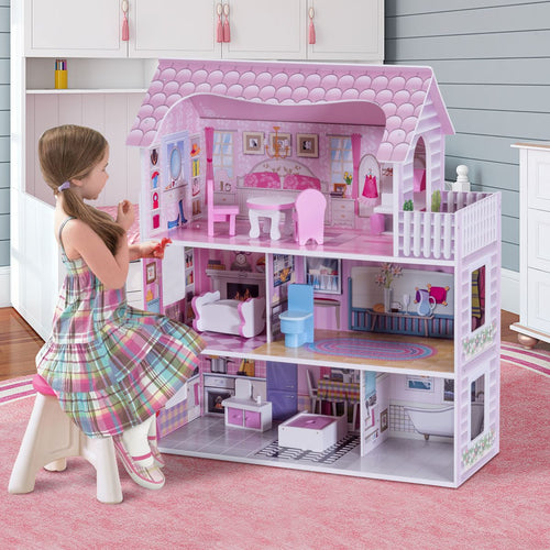 3 Etagen Puppenhaus Aus Holz Puppenstube Mit Möbeln & Zubehör Puppenvilla Mädchen Rosa