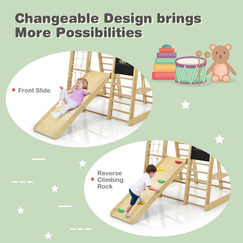 8-In-1 Wooden Climber Play Set with Slide and Swing for Kids