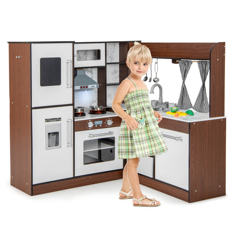 Wooden Corner Play Kitchen with Water Circulation System and Lights