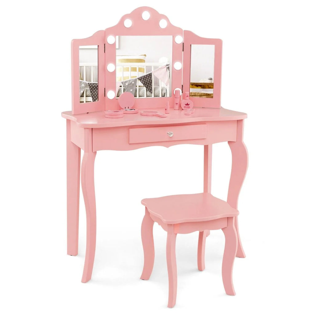 2 in 1 Kinder Schminktisch Mit Led-Leuchten & Klappbarem Spiegel & Schubladen Rosa