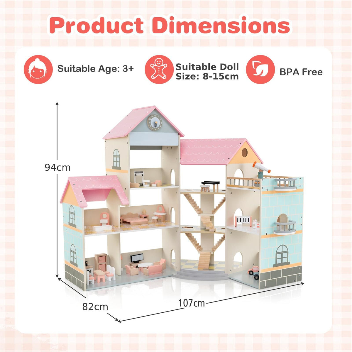 Wooden Corner Dollhouse Playset Pink Roof Doll House
