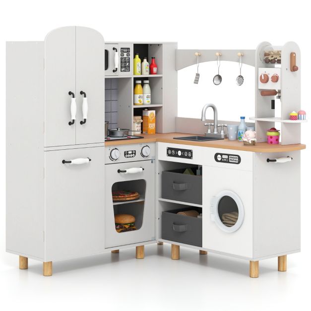 L-Shaped Corner Play Kitchen with Fridge Washing Machine & Coffee Maker SproutHands™