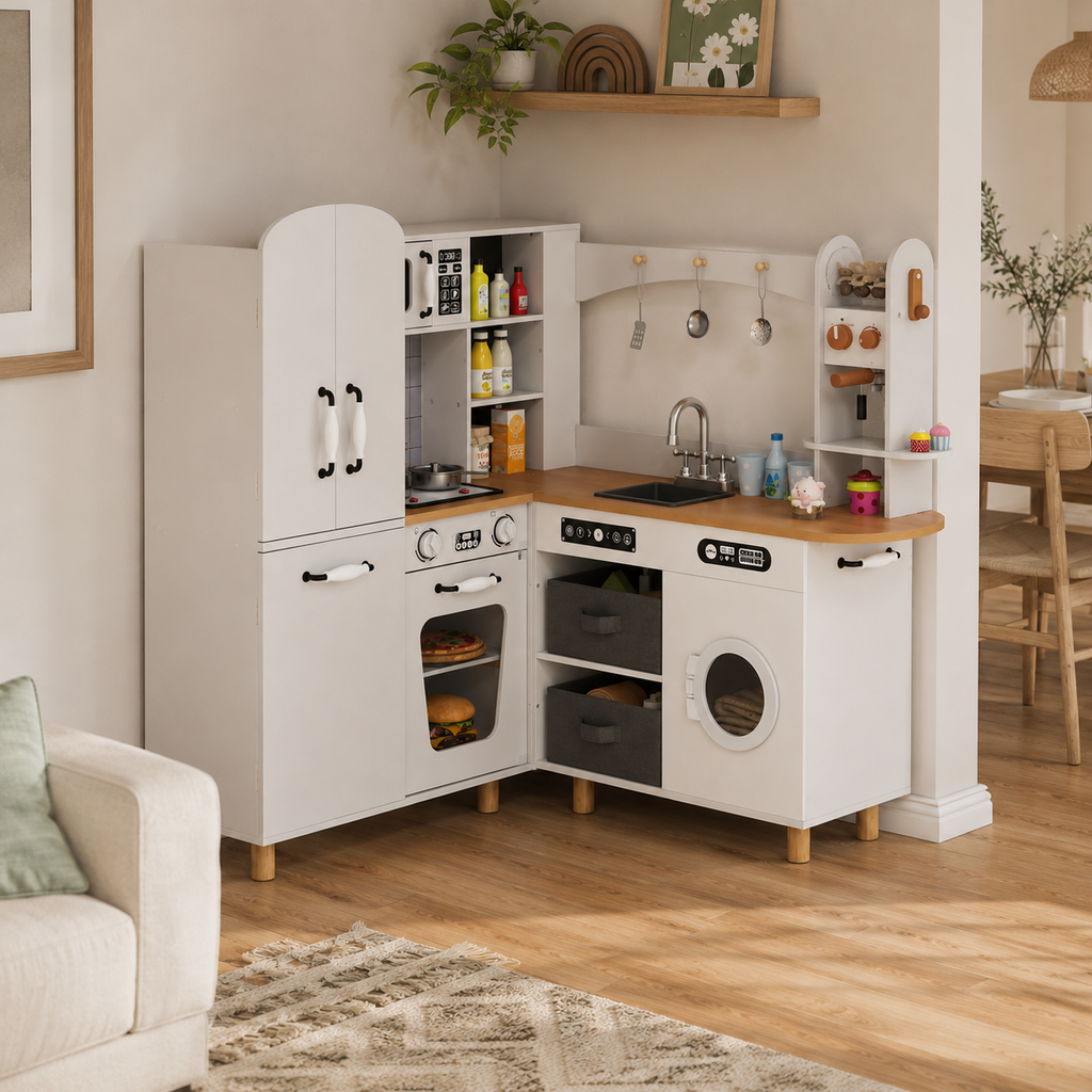 L-Shaped Corner Play Kitchen with Fridge Washing Machine & Coffee Maker SproutHands™