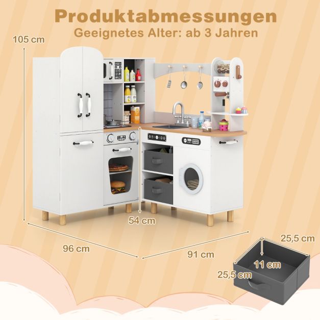 L-Shaped Corner Play Kitchen with Fridge Washing Machine & Coffee Maker SproutHands™