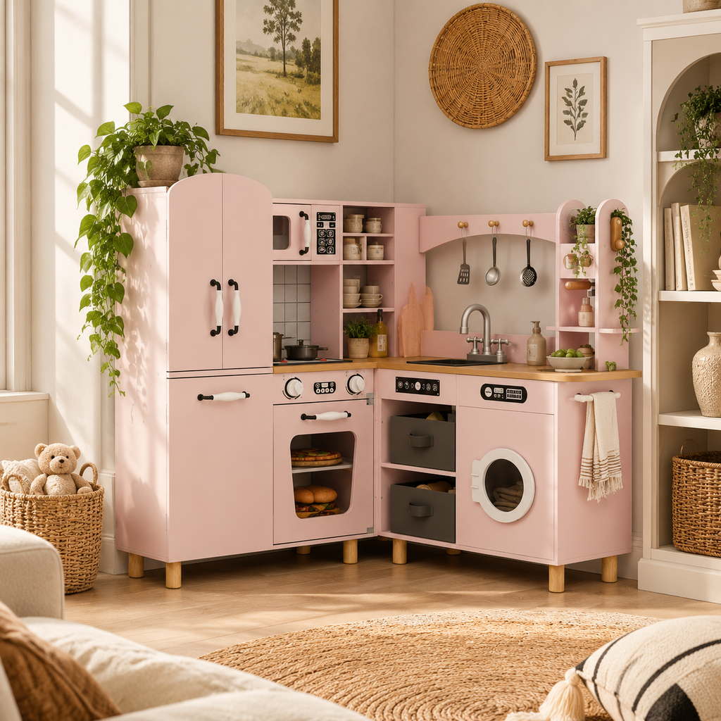 L-Shaped Corner Play Kitchen with Fridge Washing Machine & Coffee Maker SproutHands™