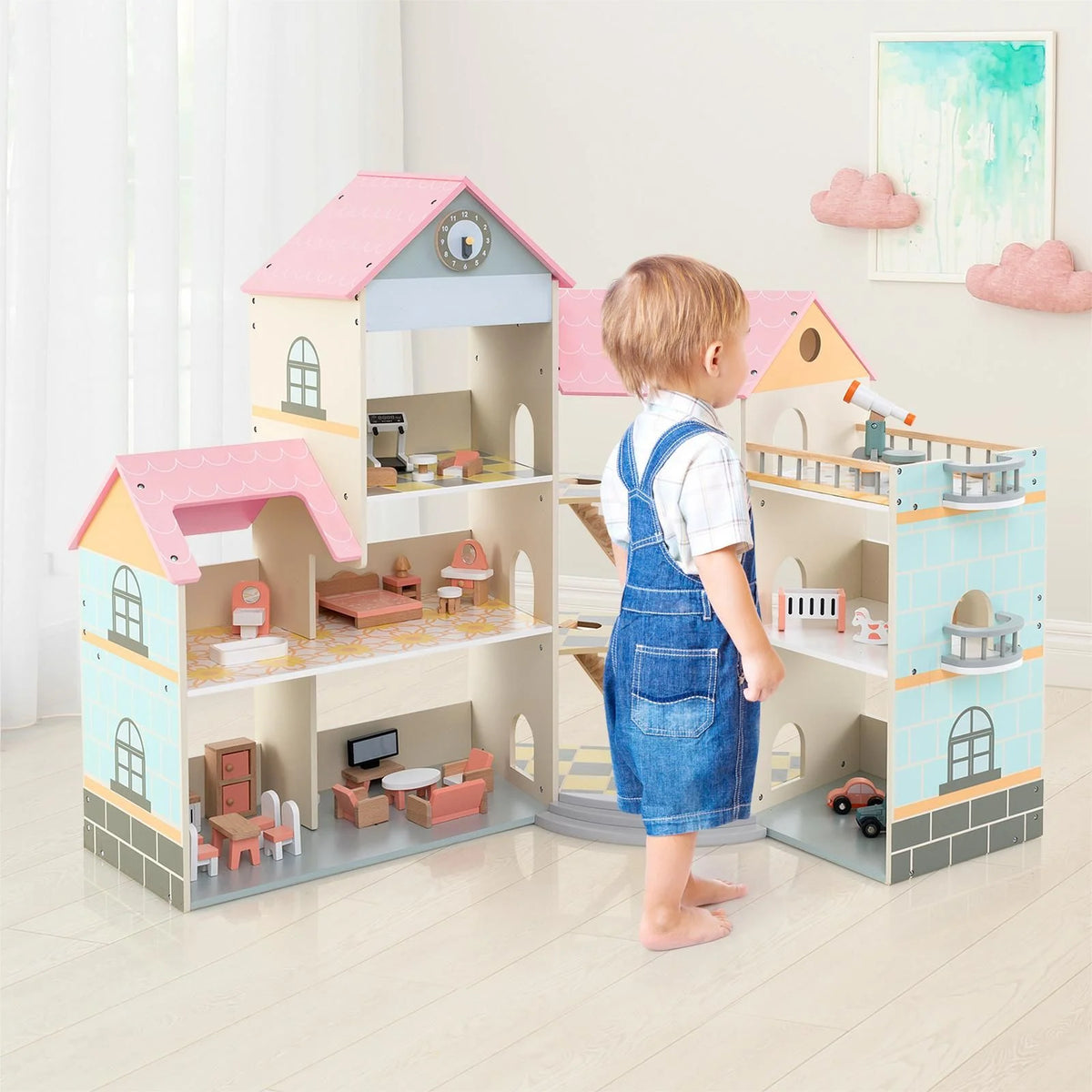 Wooden Corner Dollhouse Playset Pink Roof Doll House