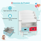 Bibliothèque Pour Enfants Etagère En Bois À 3 Niveaux Compartiment Ouvert 2 Tiroirs Pliables En Tissu Kits Anti-Basculement Gris/Blanc
