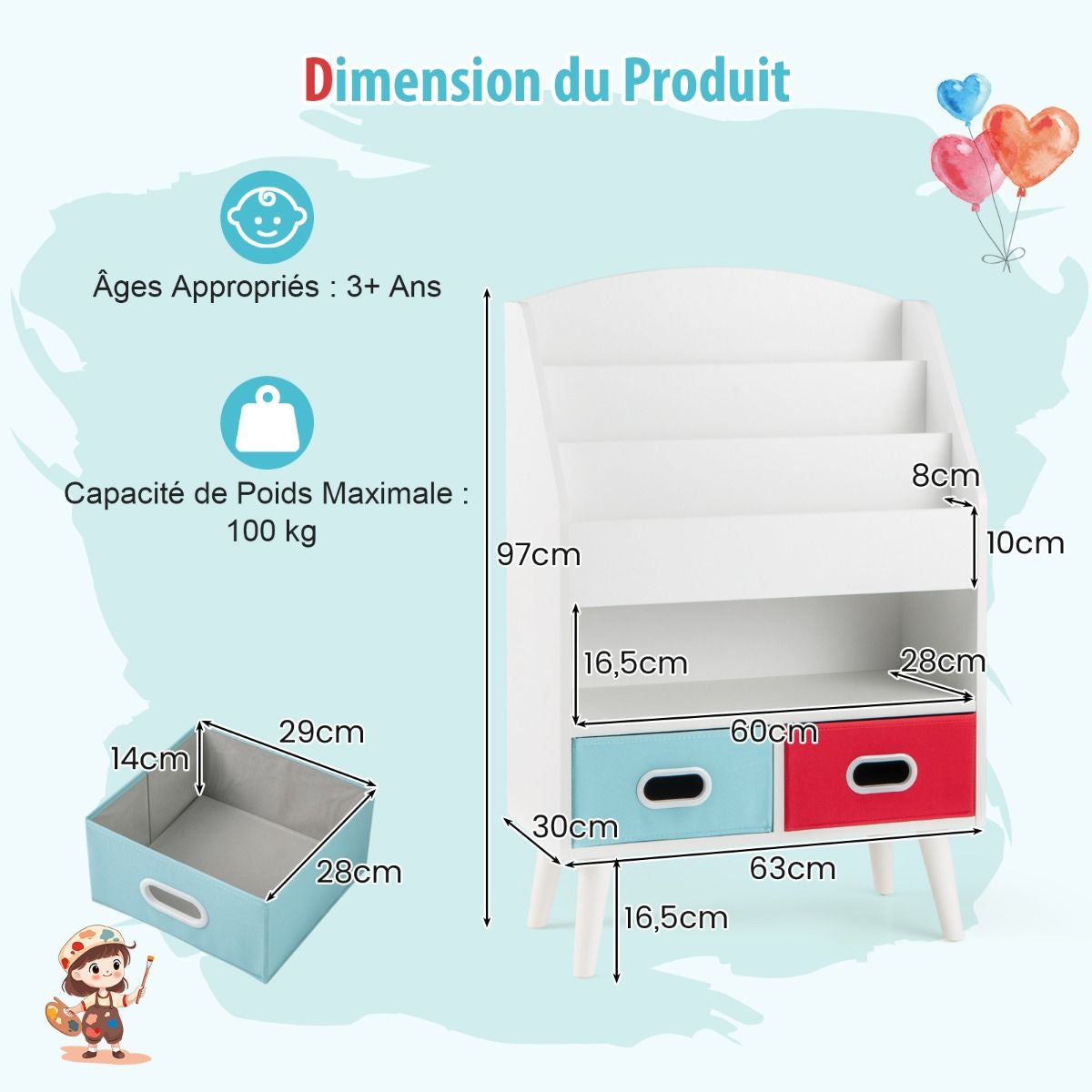 Bibliothèque Pour Enfants Etagère En Bois À 3 Niveaux Compartiment Ouvert 2 Tiroirs Pliables En Tissu Kits Anti-Basculement Gris/Blanc