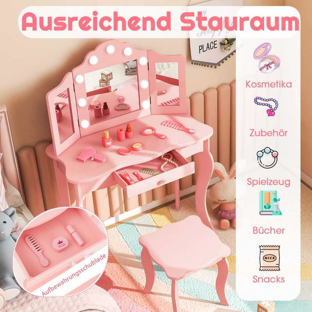 2 in 1 Kinder Schminktisch Mit Led-Leuchten & Klappbarem Spiegel & Schubladen Rosa