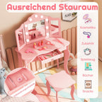2 in 1 Kinder Schminktisch Mit Led-Leuchten & Klappbarem Spiegel & Schubladen Rosa