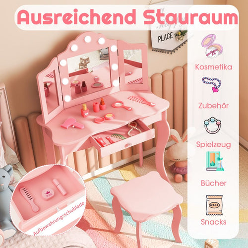 2 in 1 Kinder Schminktisch Mit Led-Leuchten & Klappbarem Spiegel & Schubladen Rosa