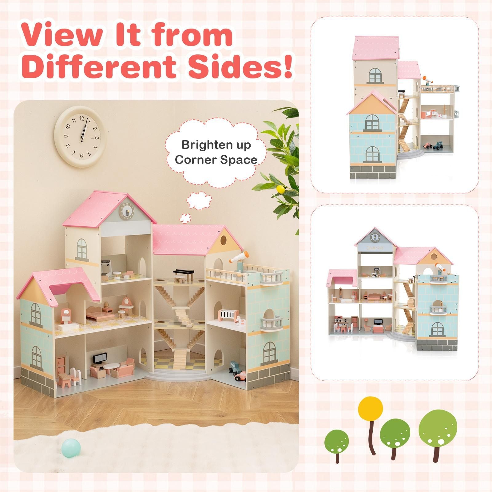 Wooden Corner Dollhouse Playset Pink Roof Doll House