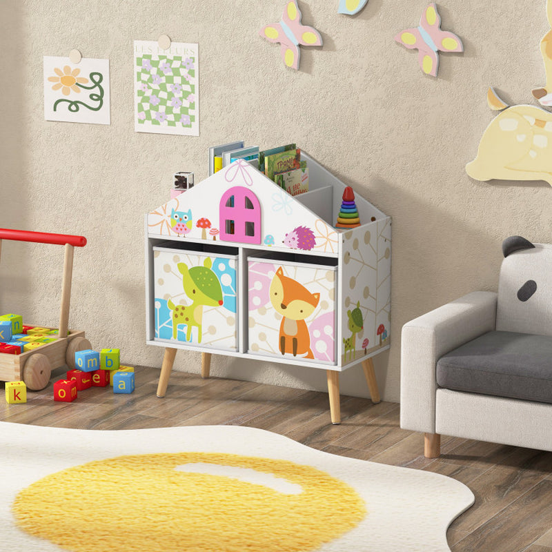 Kids House-Shaped Bookshelf with 2 Storage Bins for Kids Room Playroom