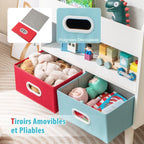 Bibliothèque Pour Enfants Etagère En Bois À 3 Niveaux Compartiment Ouvert 2 Tiroirs Pliables En Tissu Kits Anti-Basculement Gris/Blanc