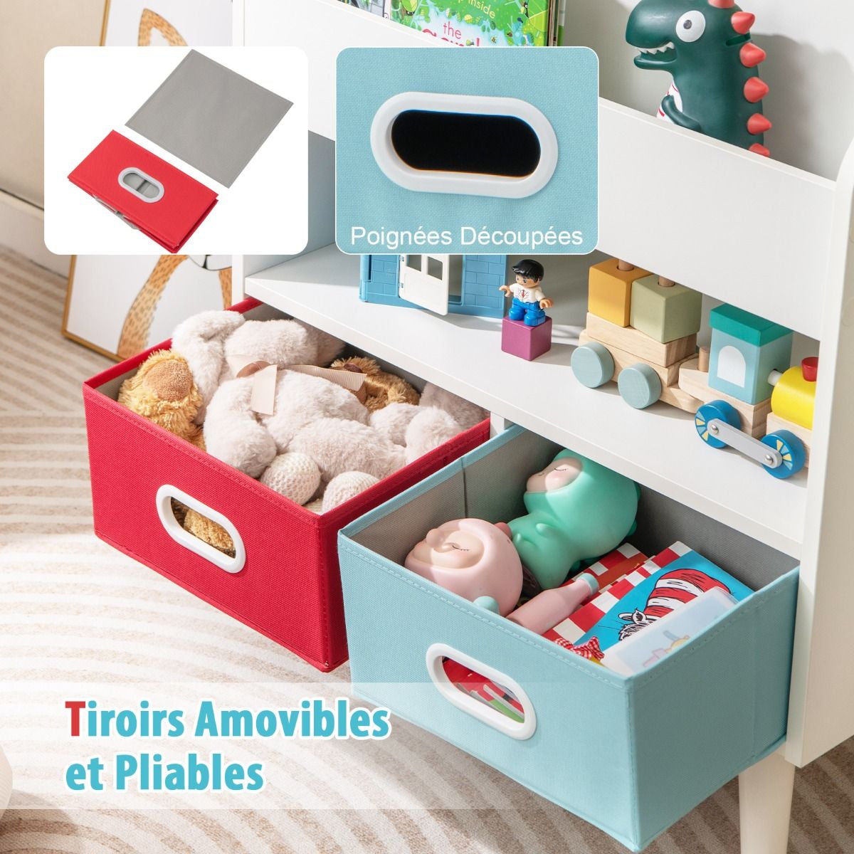 Bibliothèque Pour Enfants Etagère En Bois À 3 Niveaux Compartiment Ouvert 2 Tiroirs Pliables En Tissu Kits Anti-Basculement Gris/Blanc