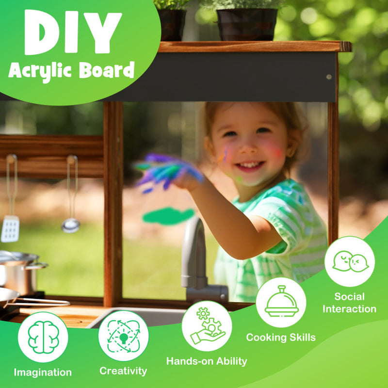 Mud Kitchen Fir Wood Play Kitchen with 4 Panting Pots Faucet Removable Sink