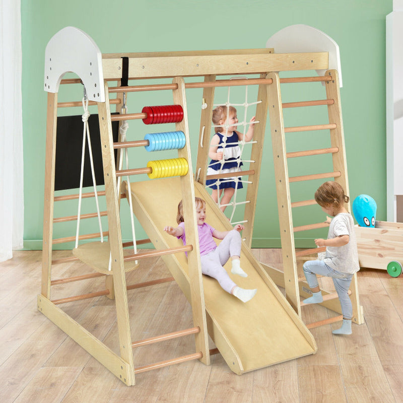 8-In-1 Wooden Climber Play Set with Slide and Swing for Kids