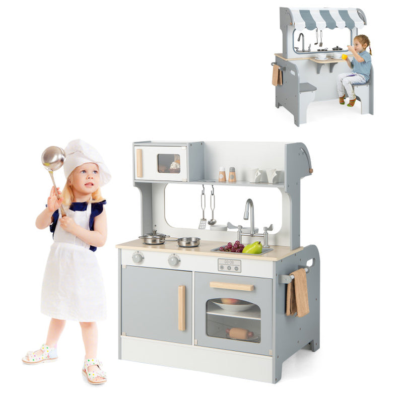 Double Sided Kids Pretend Kitchen Playset with 2-Seat Cafe