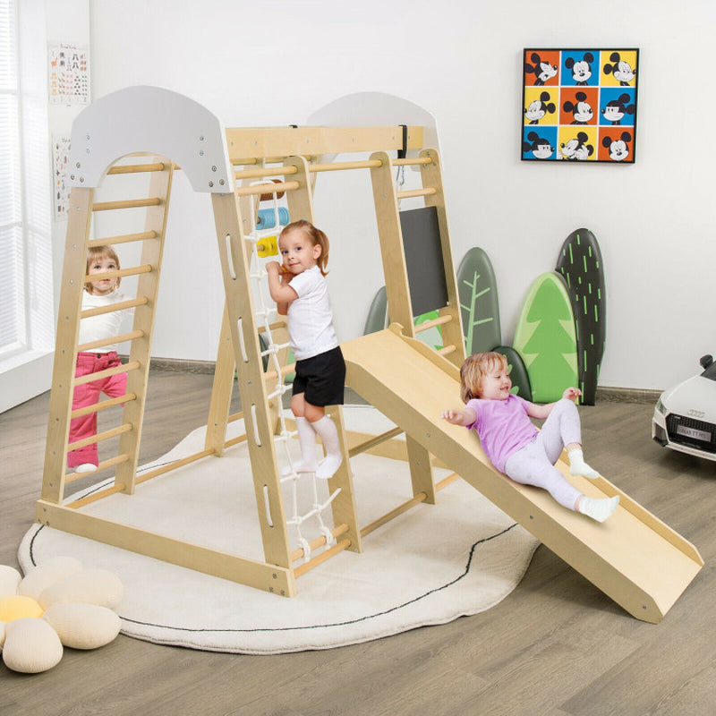 8-In-1 Wooden Climber Play Set with Slide and Swing for Kids
