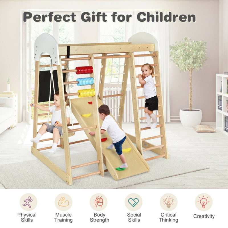 8-In-1 Wooden Climber Play Set with Slide and Swing for Kids