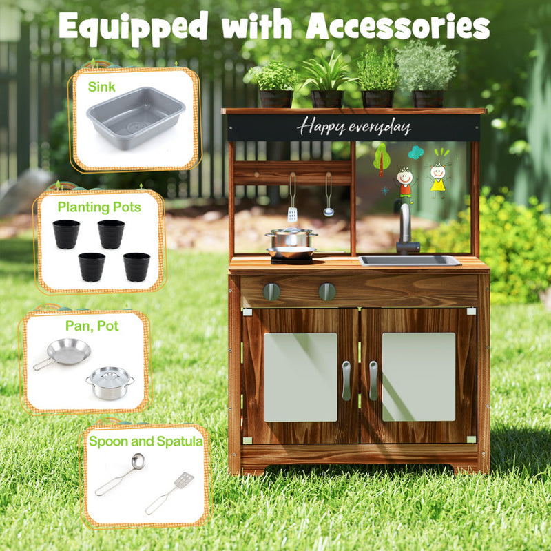 Mud Kitchen Fir Wood Play Kitchen with 4 Panting Pots Faucet Removable Sink