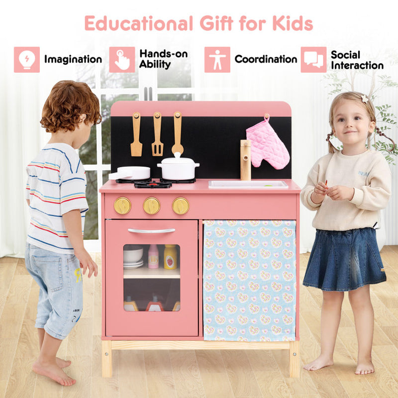 Play Kitchen for Kids Wooden Kitchen Playset with Door Curtain