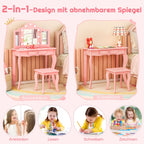 2 in 1 Kinder Schminktisch Mit Led-Leuchten & Klappbarem Spiegel & Schubladen Rosa