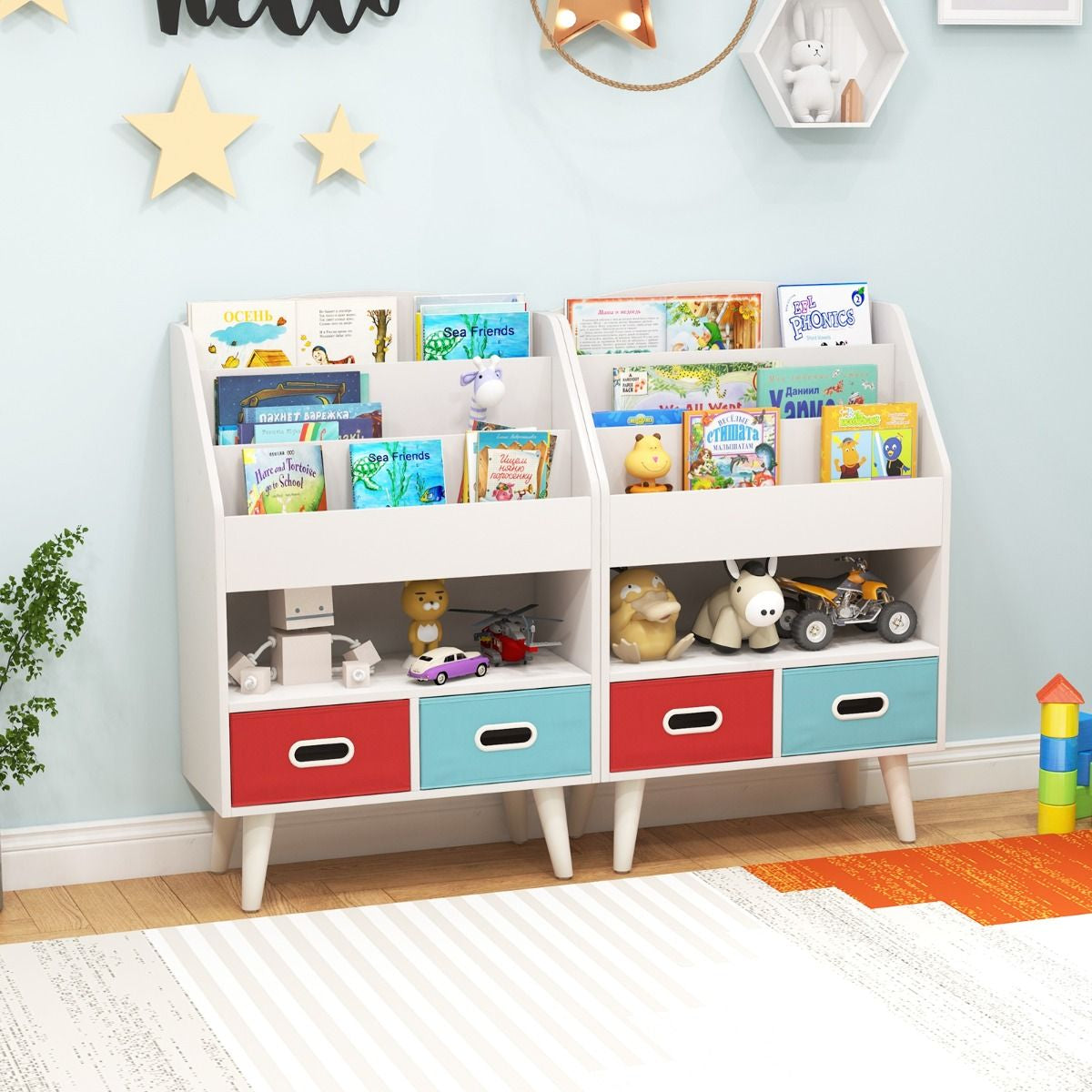 Bibliothèque Pour Enfants Etagère En Bois À 3 Niveaux Compartiment Ouvert 2 Tiroirs Pliables En Tissu Kits Anti-Basculement Gris/Blanc