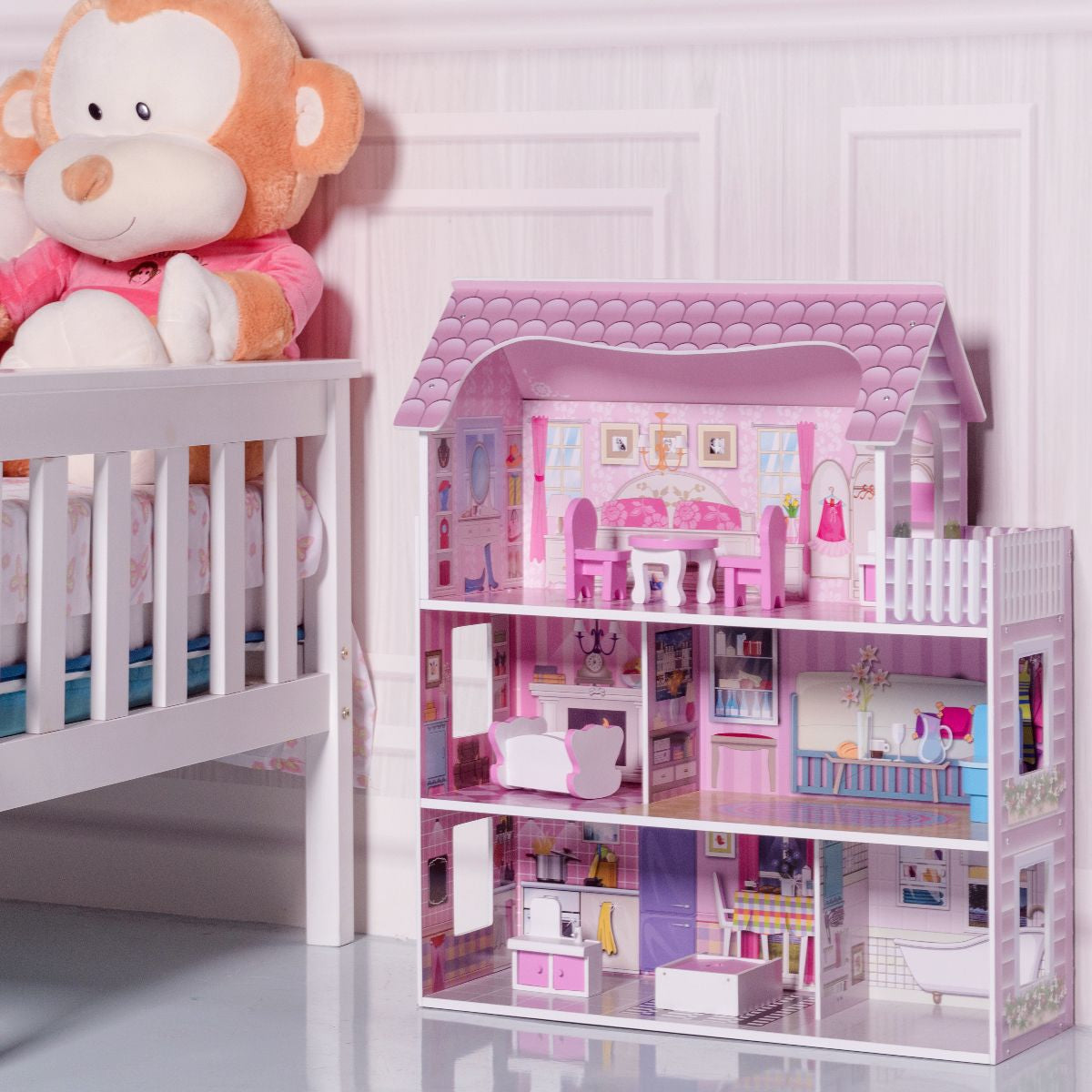 3 Etagen Puppenhaus Aus Holz Puppenstube Mit Möbeln & Zubehör Puppenvilla Mädchen Rosa